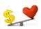 Comparison of the importance of the heart symbol and the dollar symbol. A concept that expresses money worship, which emphasizes