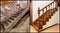 Comparison of modern brown wooden oak staircase with carved railing in new renovated apartment interior and old ladder stairs.