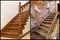 Comparison of modern brown wooden oak staircase with carved railing in new renovated apartment interior and old ladder stairs.