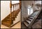 Comparison of modern brown wooden oak staircase with carved railing in new renovated apartment interior and old ladder stairs.