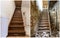 Comparison of modern brown wooden staircase in new renovated apartment interior and old ladder stairs. Before renovation and after