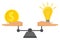 Comparison of money value and idea, business measurement vector concept. Bulb, symbol of idea, and money on balanced scale.