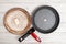 Comparison of pans. Old and new frying pan. Cook fry with a minimum of oil. Healthy food preparation