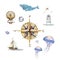 Compass, hot air balloon, lighthouse, whale, ship and jellyfish watercolor illustration. Magic sky, signs and symbols