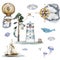 Compass, hot air balloon, lighthouse, whale, ship and jellyfish watercolor illustration. Magic sky, signs and symbols