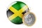 Compass with Jamaican flag. Travel and tourism in Jamaica concept. 3D rendering