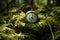 Compass laying on the green moss in summer forest. Travelling by foot in summer season