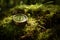 Compass laying on the green moss in summer forest. Travelling by foot in summer season