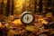 Compass laying on the yellow leaves in autumn forest. Travelling by foot in autumn season