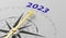 Compass needle pointing to the text 2023 - 3d render