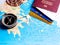 Compass, passport and bank cards on the map. Travel concept