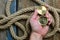 Compass in sailor hand. Nautical background with weathered deck and rope.