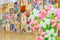 Competition of children`s drawings. Exhibition of children`s art. Colorful balloons in the foreground. Defocused background