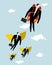 Competition concept. Businessman jet pack is ahead of managers w