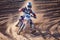 Competition, dirt and bike with speed and power in desert for sports or challenge. Motorbike, action and trail with sand