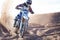 Competition, sand and motorbike for sports with action for challenge on course with power. Speed, performance and desert