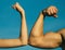 Competition, strength comparison. Vs. Fight hard. Health concept. Hand, man arm, fist. Musclar arm vs weak hand