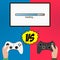 Competition in the video game. Hands hold gamepad. Vector illustration.