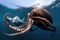 competitive battle between octopus kraken and great white shark for survival in the deep