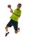 Competitive young guy in uniform, handball player in a jump, throwing ball during game against white studio background