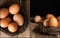 Compilation of fresh eggs images in moody natural lighting setting with vintage retro style