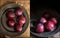 Compilation of images fresh plums in moody natural lighting set