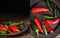 Compilation of red and green peppers images with moody vintage r