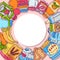 Complementary food for babies circle vector illustration. Baby bottles, puree jars, fruits and vegetables is all around