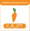 Complete Missing Letters Carrot Vector. Kid Training