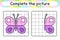 Complete the picture butterfly. Copy the picture and color. Finish the image. Coloring book. Educational drawing exercise game for