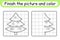 Complete the picture christmas tree. Copy the picture and color. Finish the image. Coloring book. Educational drawing exercise