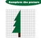 Complete the picture, xmas tree in cartoon style, drawing skills training, educational paper game for the development of