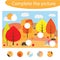 Complete the puzzle and find the missing parts of the picture, autumn, fun education game for children, preschool worksheet activ