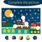 Complete the puzzle and find the missing parts of the picture, christmas fun education game for children, preschool worksheet