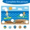 Complete the puzzle and find the missing parts of the picture, summer beach fun education game for children, preschool worksheet