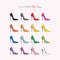 Complete rainbow color sexy stilettos high heels icons set on light pink