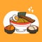 complete ramen dumpling katsu set japanese food meal doodle illustration