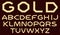 A complete set of Latin letters made of gold with a matte surface. A wide, angular, coarse font is insulated with a dark crimson b