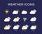 Complete set of modern realistic weather icons. Modern weather icons set. Flat vector symbols on dark background.