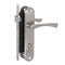 Complete set of a satin-colored door lock with three round bolts and a latch, with a handle on the bar and a cylinder