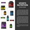 Complete sports nutrition banner with place for text. Nutritional supplements whey protein product brand. Fitness and