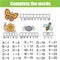 Complete the words children educational game. Insects, animals theme, learning numbers