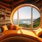 Completely circular window curved shelves gold theme generative AI