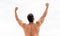 Completely successful. Morning stretching. Man muscular back stretching bed rear view. muscular back man isolated on