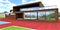 Completely wooden house with mirrored panoramic windows. Red brick pavement. Freshly mowed lawn. 3d rendering