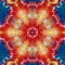 complex flower fantasy in shades of orange red blue and gold hexagonal design