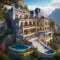 complex mega mansion built into a mountain hyperrealism photoillustration