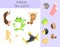 Compliance with children`s educational game. Match animal parts. Find the missing puzzles
