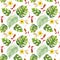 Complicated tropical seamless pattern with geometric elements, leaves and flowers of the jungle: monstera, palm leaves, plumeria,