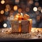 Compose a captivating image of a delectable gift boxs set against a festive Christmas bokeh background